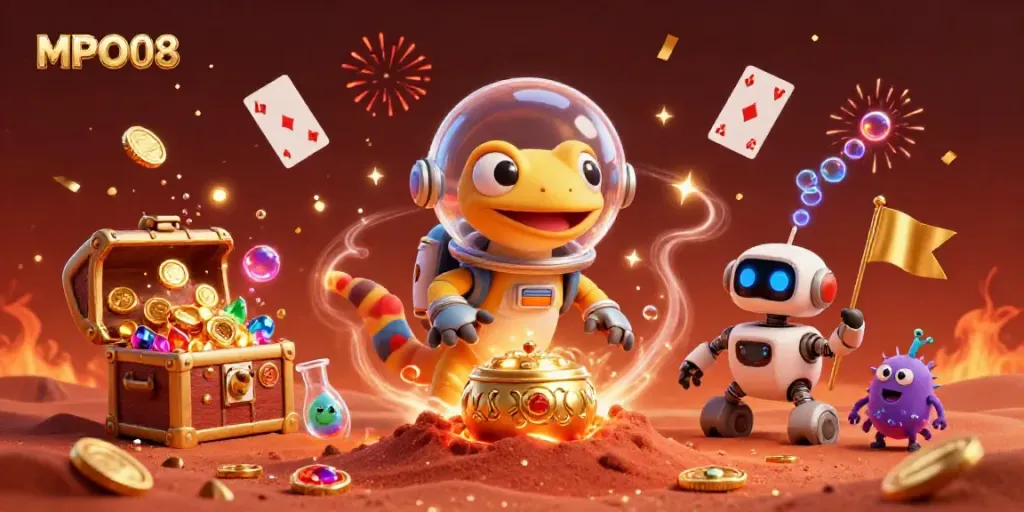 MPO08 engages users with thrilling slot gameplay presented in a vibrant 3D Martian casino scene.