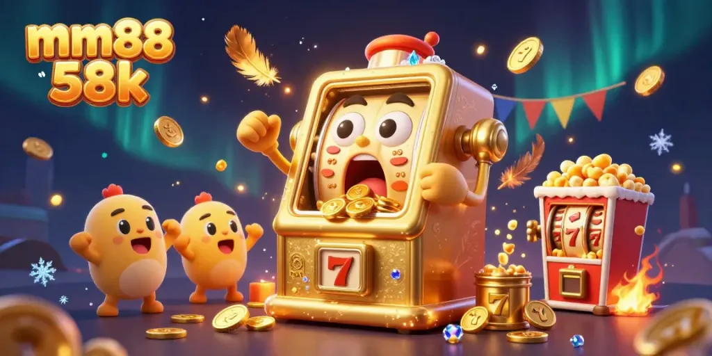 Celebrate wins with mm88 58k in an exciting casino scene filled with lively slot machines.