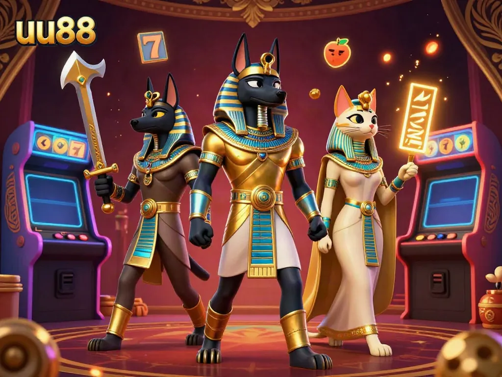 Engage in thrilling gaming adventures with uu88, featuring Anubis and Bastet amid vibrant slot machines.