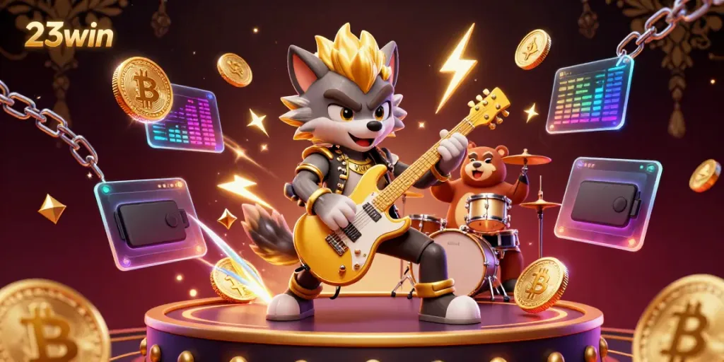 Experience the thrills of 23win with a dynamic casino scene featuring fun characters and crypto elements.