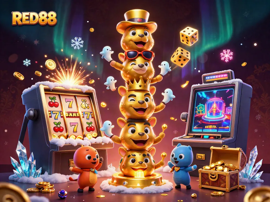 Experience thrilling wins at RED88 with a vibrant casino scene featuring bursting slot machines and animated totem characters.