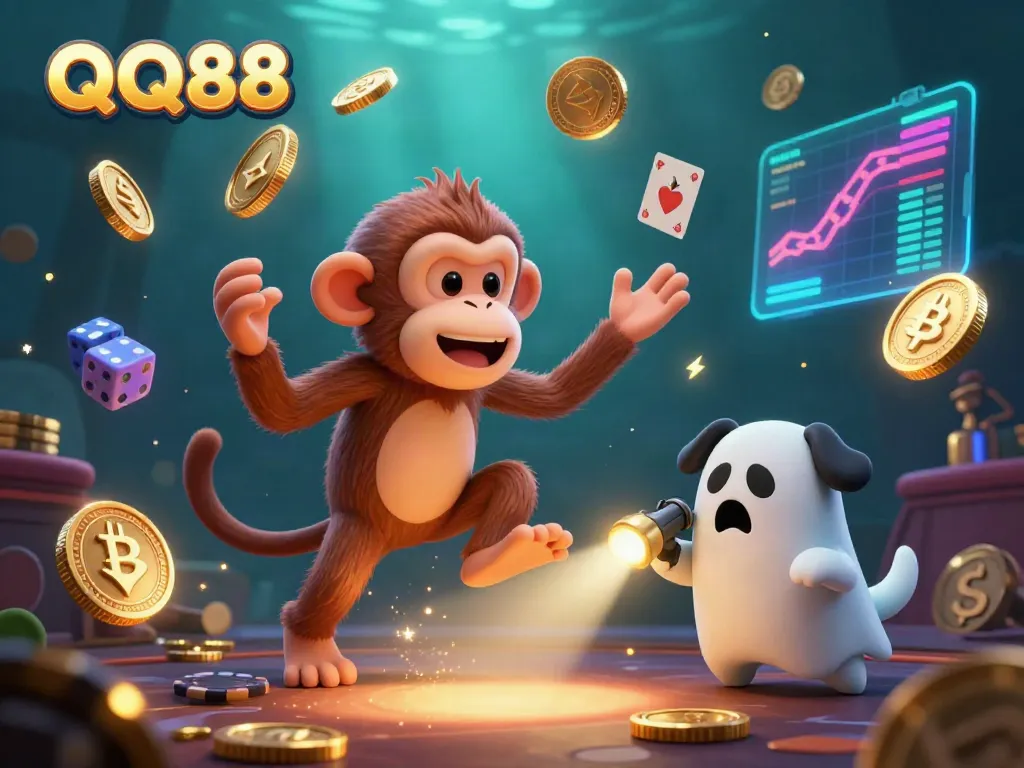 Engage with the unique gaming experience at QQ88, featuring a playful monkey juggling treasures in a haunted casino.