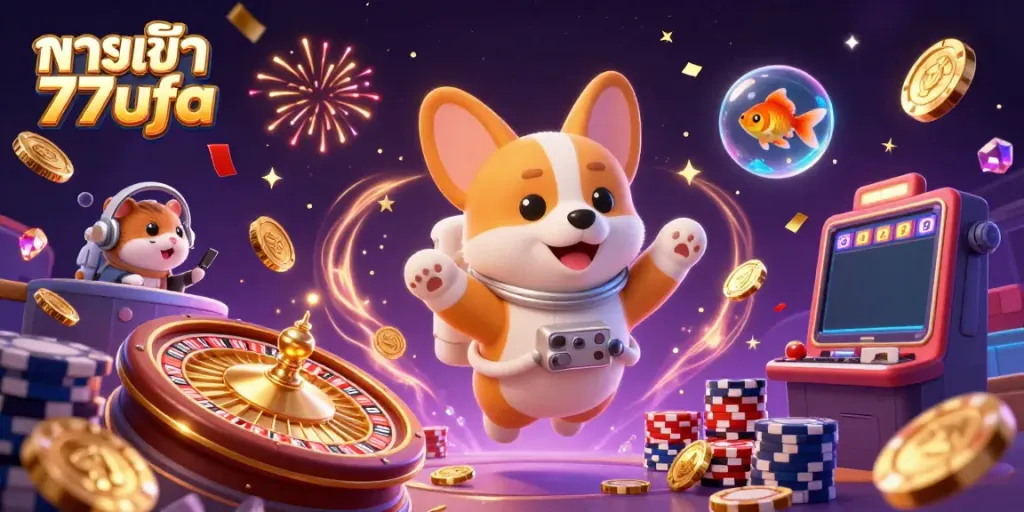 Experience the thrill at ทางเข้า 77ufa with floating poker chips and live gaming chaos