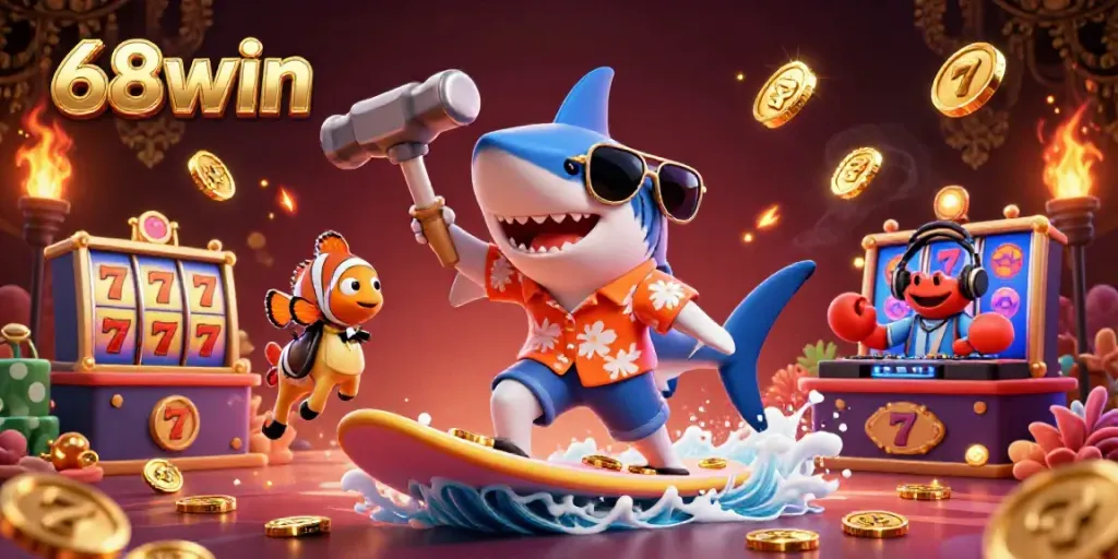Experience the excitement of 68win with a shark surfing on gold coins, surrounded by casino elements like slot reels.