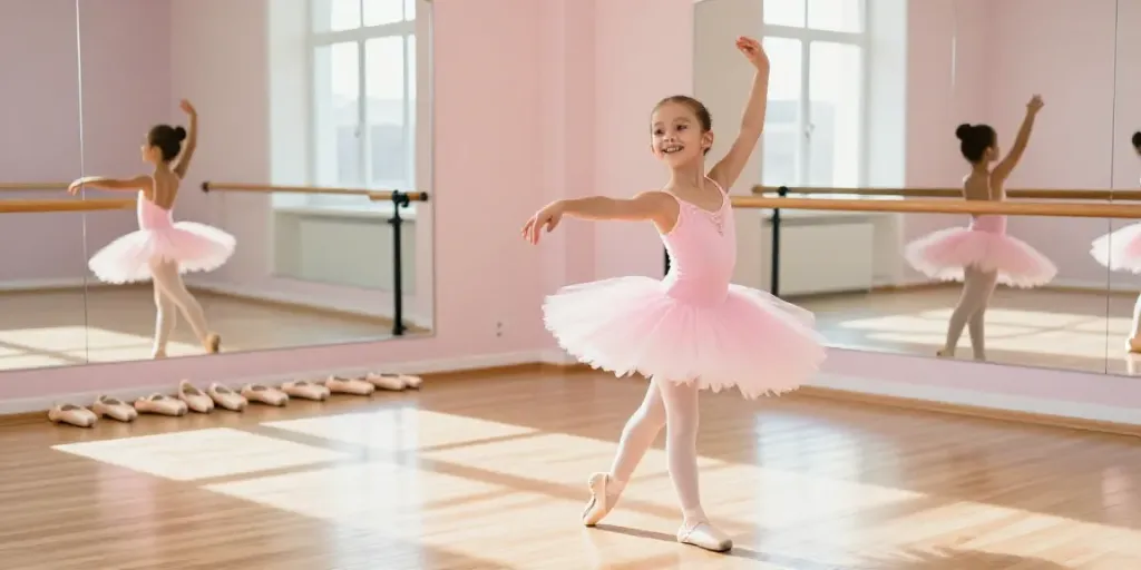 Ballet dancer in a pink tutu practicing at tutu-store.com dance studio