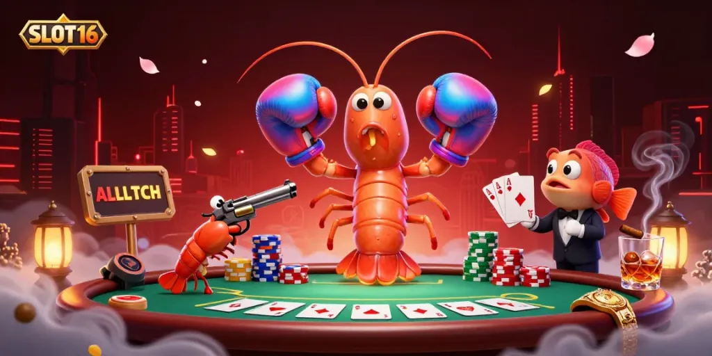 SLOT16 portrays a vibrant casino scene with a mantis shrimp and poker elements for a thrilling gambling experience.