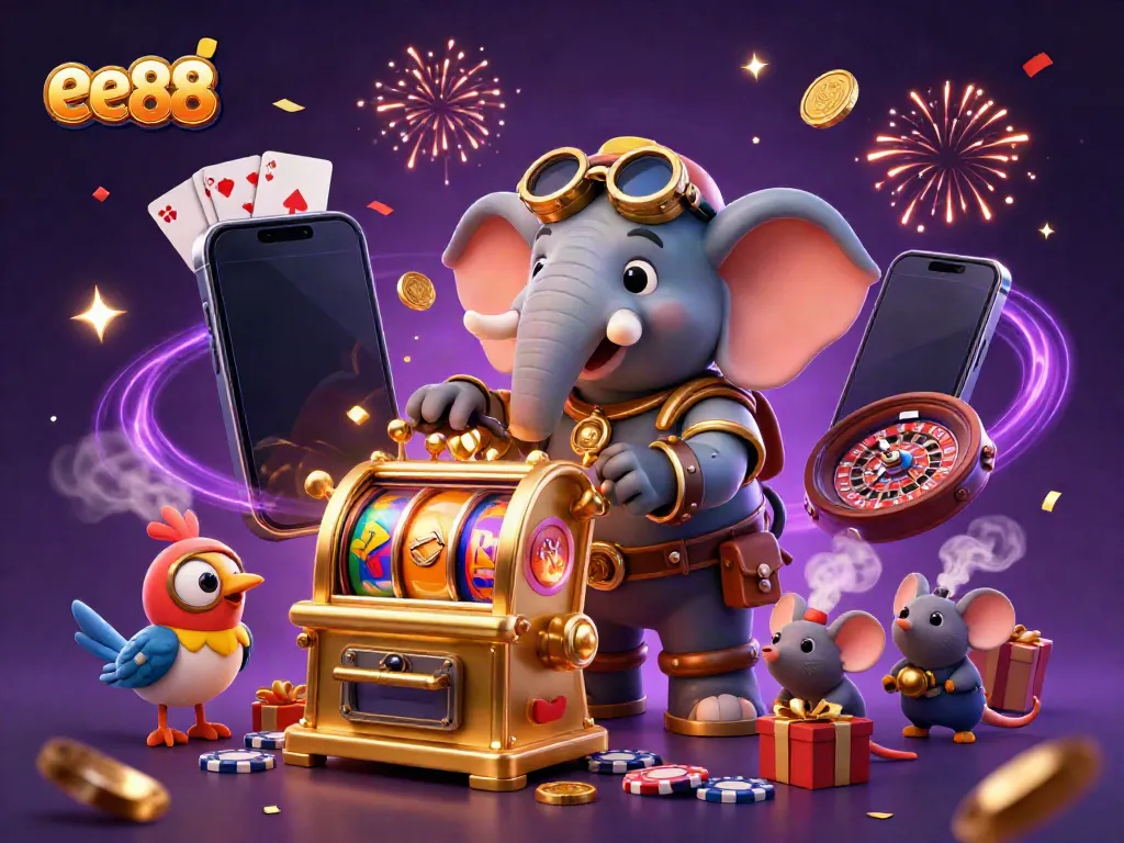 Play exciting casino games with ee88 featuring a steampunk elephant at a dynamic slot machine.