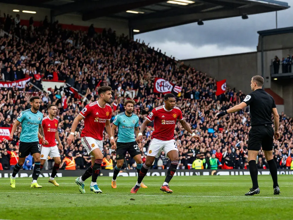 แมนยู vs ลิเวอร์พูล 10 นัดล่าสุด players competing intensely during a Premier League match with cheering fans in the background.