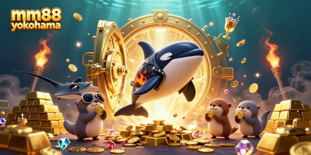Experience thrilling casino action with mm88 yokohama's orca, stingray, and otter characters in a gold-filled underwater scene.