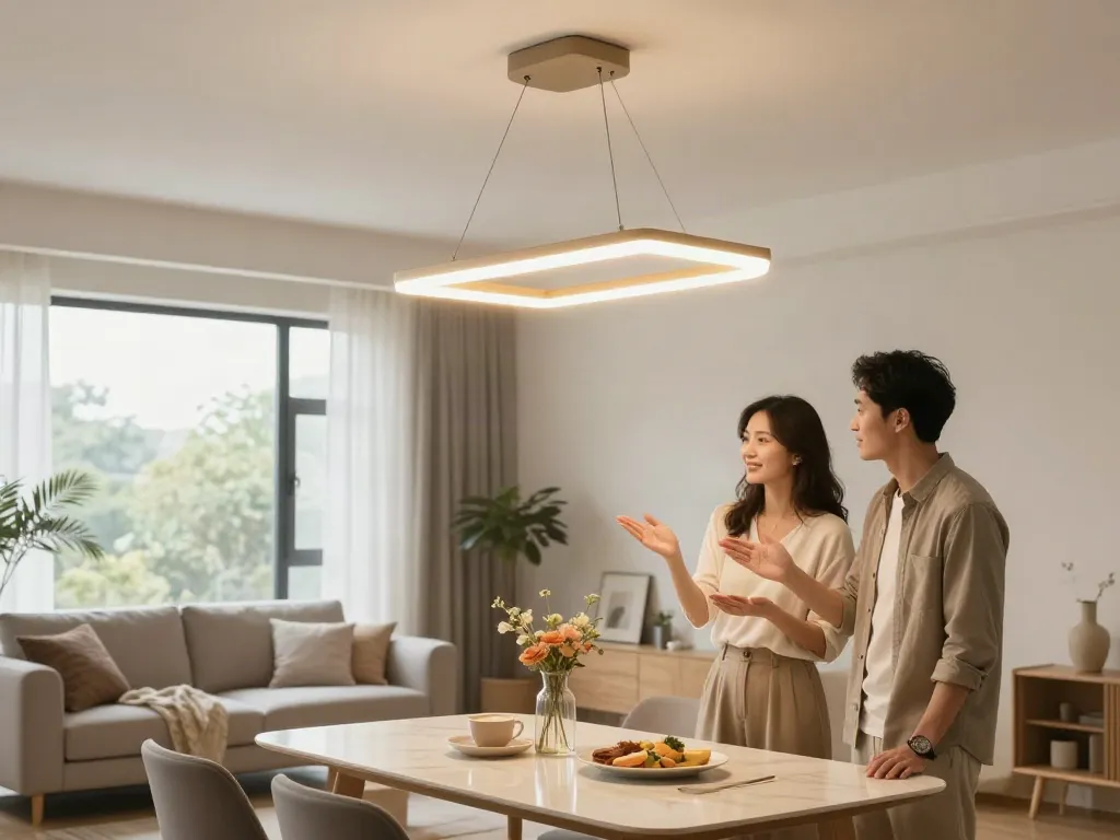 Lustra LED modernă în living oferind un ambient plăcut, iluminat de servicii profesionale locale.