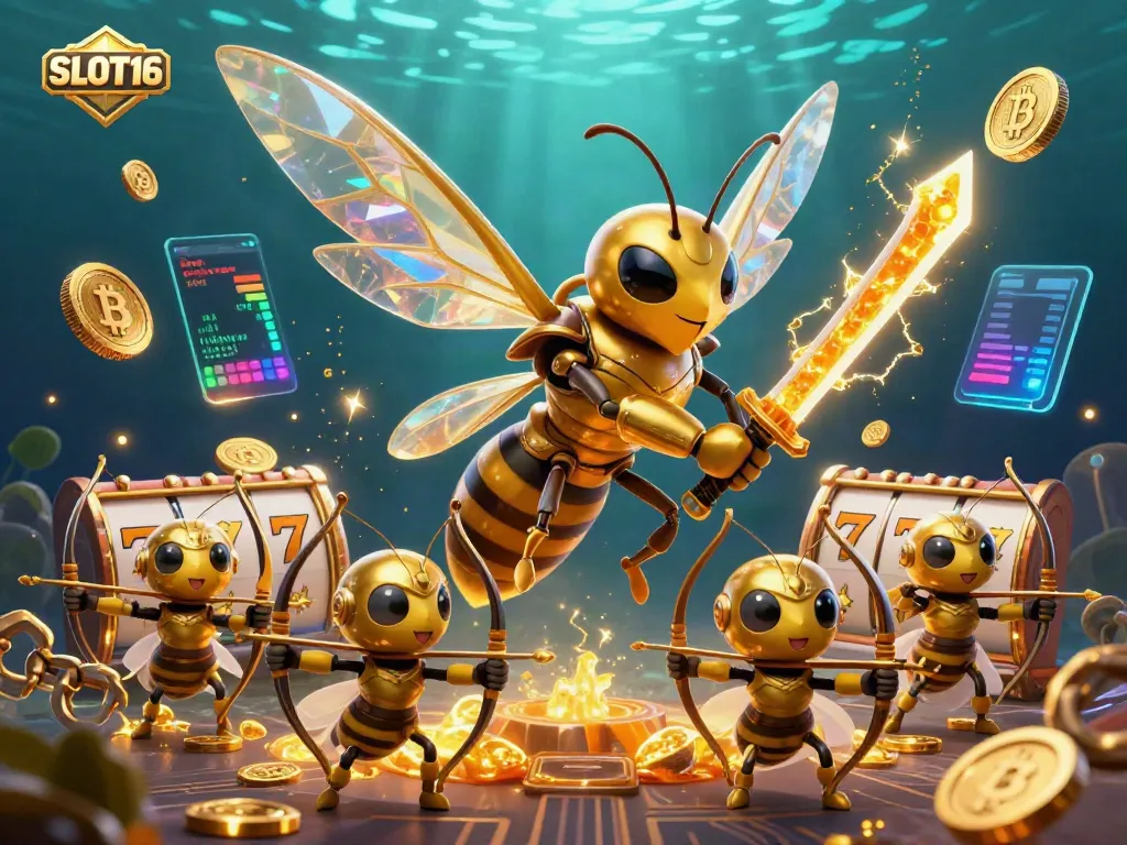 SLOT16 showcases dynamic slot gaming action with a heroic hornet and golden elements.