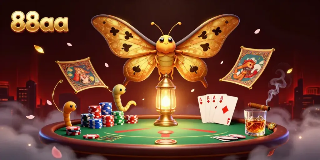 Experience the allure of 88aa with this vibrant casino scene featuring a majestic moth amidst poker elements.