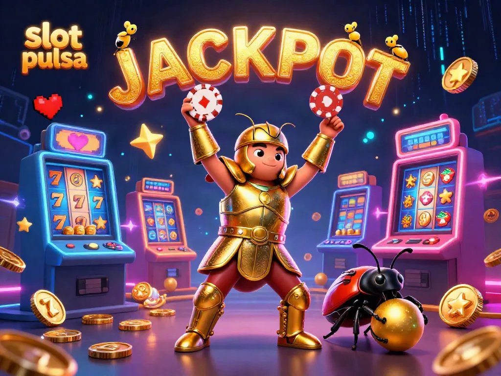 Permainan slot pulsa dengan karakter lucu, jackpot bersinar, dan mesin slot berwarna cerah.