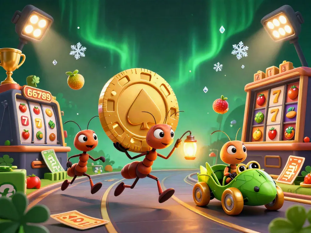 Engage with thrilling casino scenes as ants carry a giant golden poker chip for 66789.