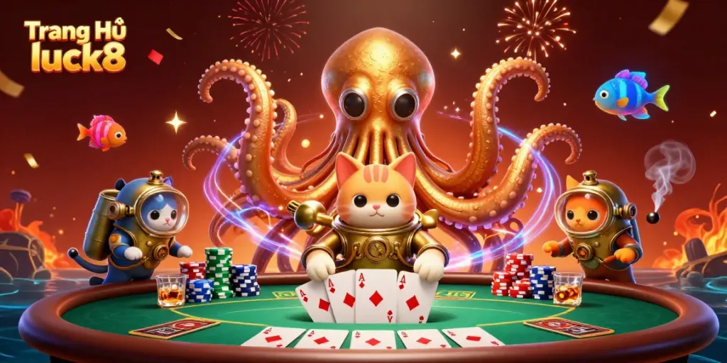 Experience excitement at Trang Chủ luck8 with an engaging casino-themed 3D illustration featuring dynamic characters and gaming elements.