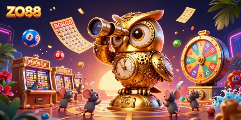 Experience ZO88 with a vibrant casino scene featuring an owl and lively game elements.