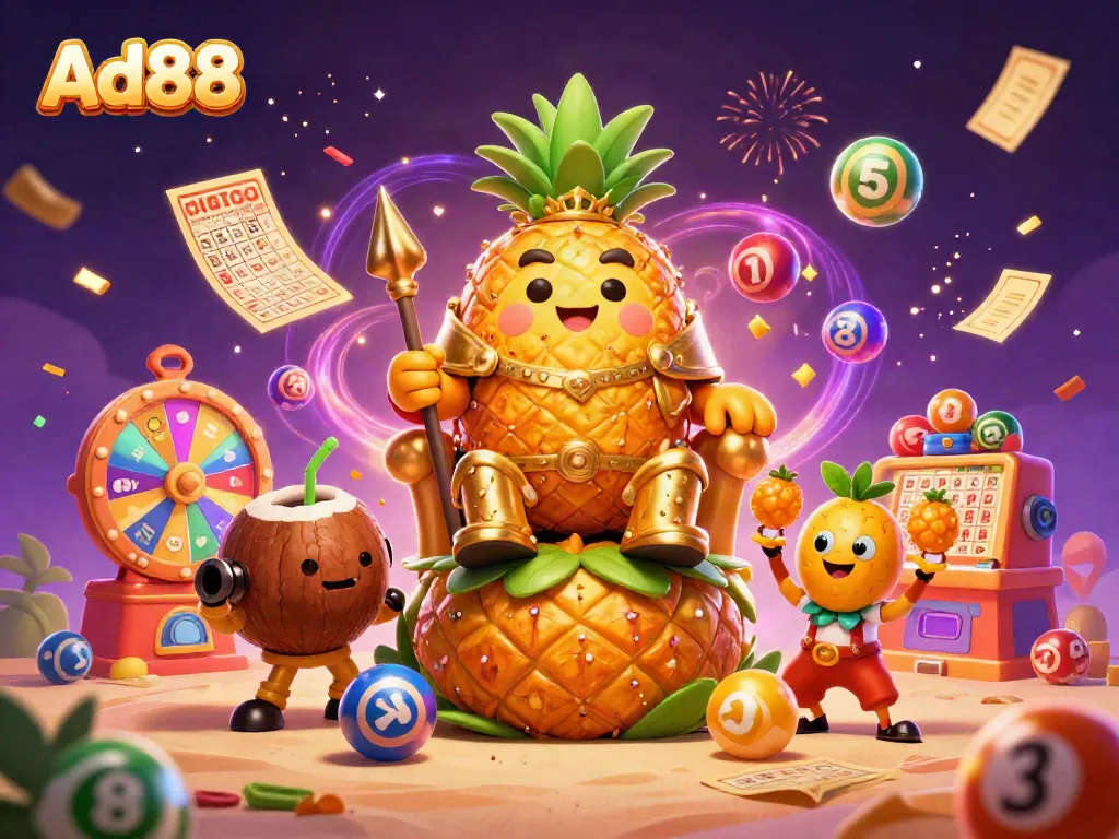 Engage with Ad88 while enjoying a vibrant 3D casino scene featuring lottery balls, a golden pineapple king, and festive elements.