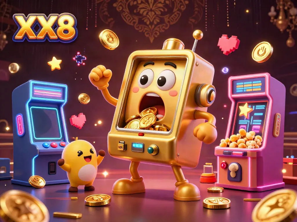 Experience vibrant gambling fun with the XX8 golden slot machine hitting a jackpot.