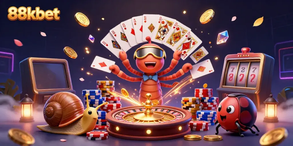 Experience the vibrant excitement of 88kbet through a whimsical 3D casino scene with dynamic characters and elements.