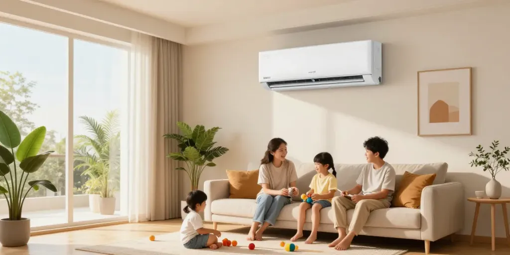Comfortable living room with a mini split air conditioner, family enjoying time together.