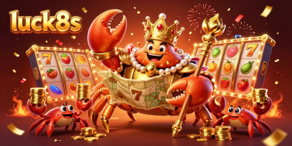 Join the celebration at luck8s with a golden crab emperor surrounded by vibrant slot machines and festive decorations.