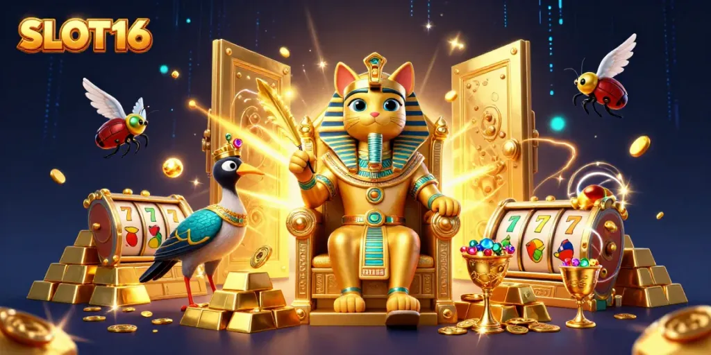 SLOT16 showcases an Egyptian pharaoh cat surrounded by slot elements and treasures, highlighting casino excitement.