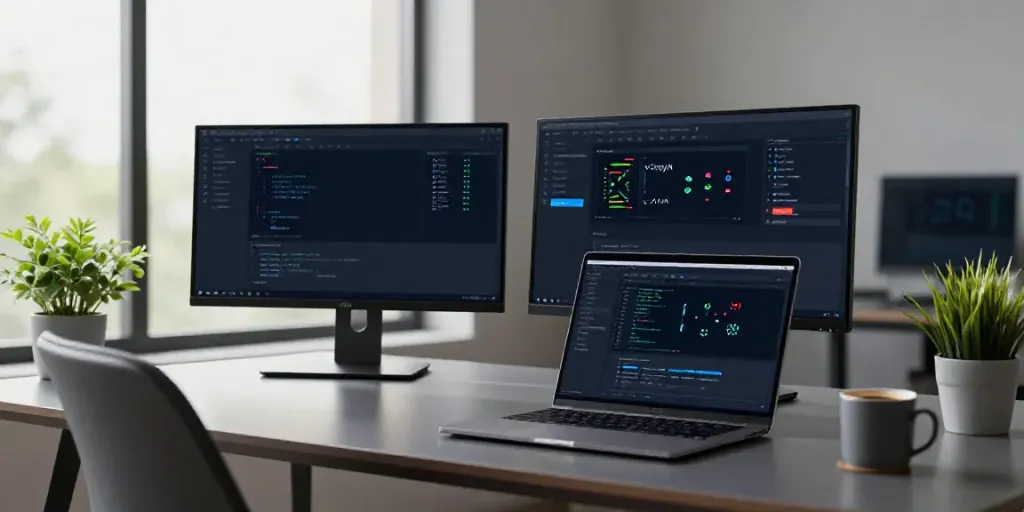 Developer using v2rayN software in a modern workspace with dual monitors.