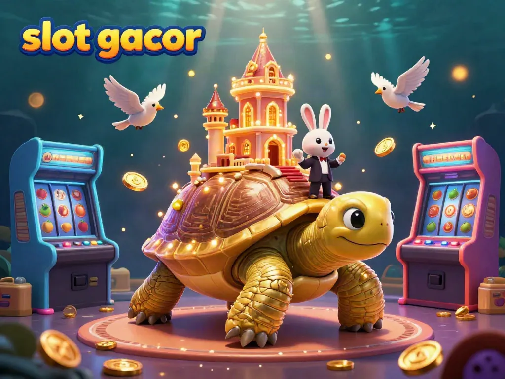 Engage with thrilling slot gacor gameplay in a vibrant casino world with golden tortoise and rabbit dealer.