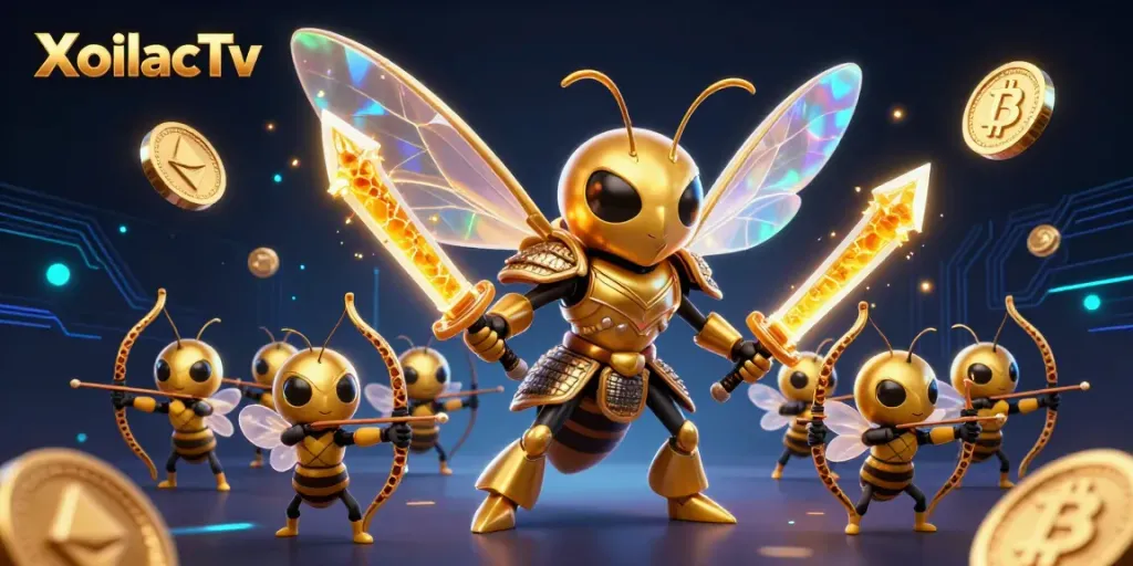 XoilacTv showcases a dynamic illustration of a golden hornet samurai leading bee archers amidst cryptocurrency elements.