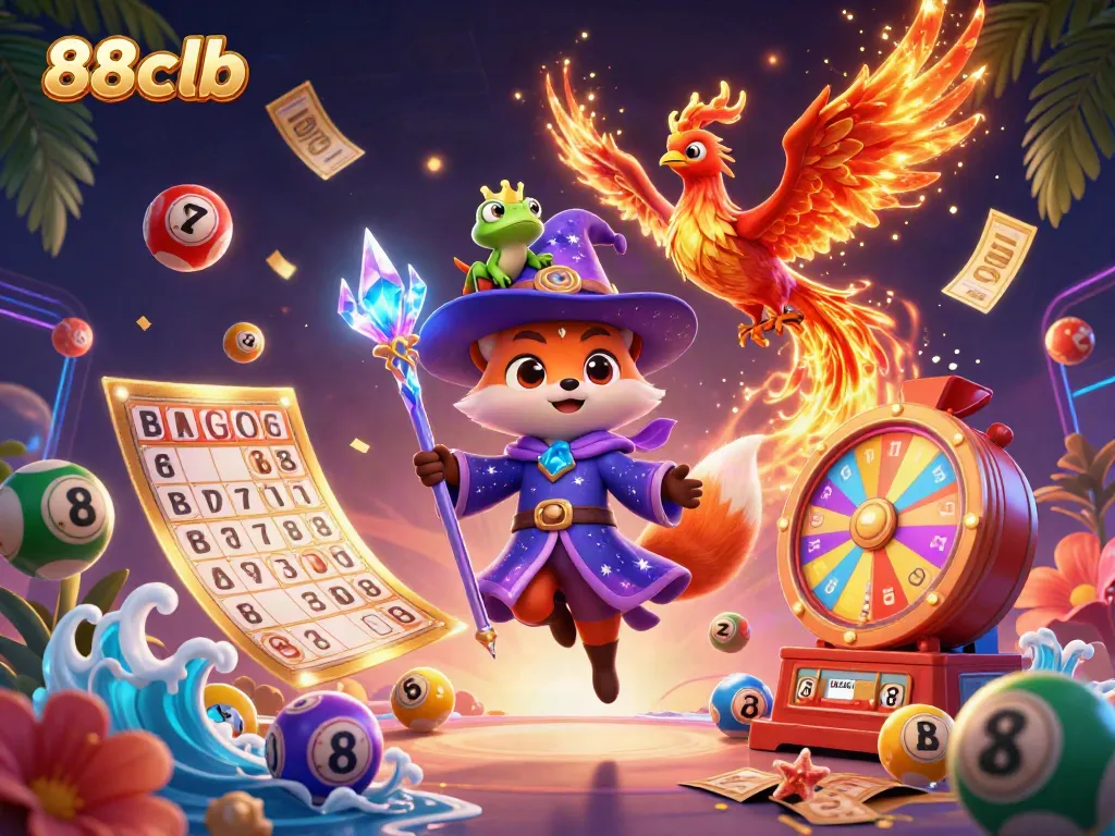 Win big with 88clb in this vibrant fantasy casino scene featuring colorful game elements.