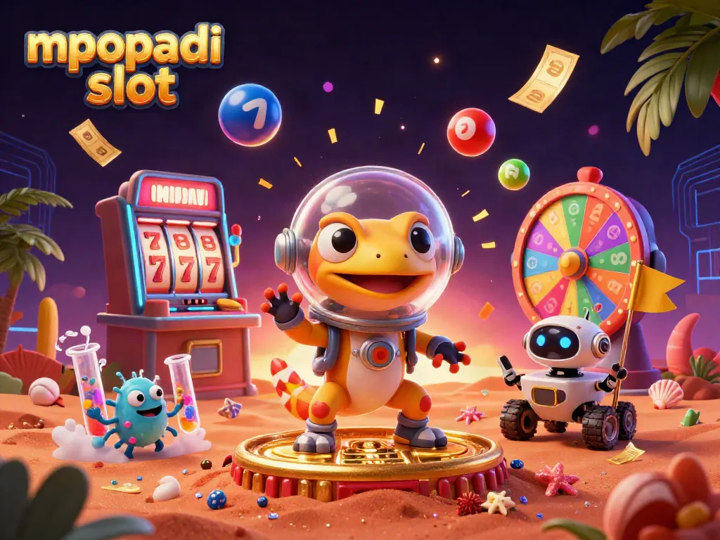 Experience joy with the mpopadi slot, featuring a Martian gecko and vibrant casino elements.