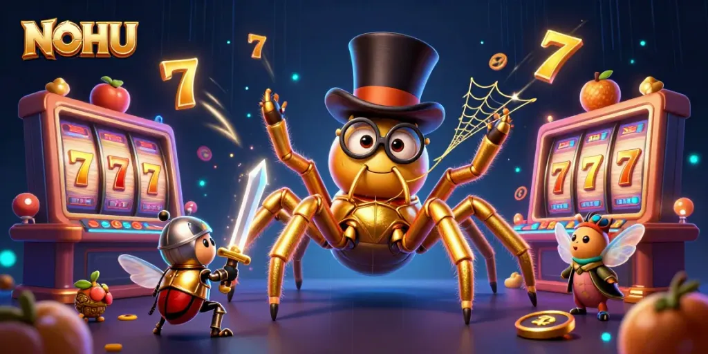 Engage with the excitement of NOHU as a golden tarantula weaves a web of winning slots and jackpot symbols.