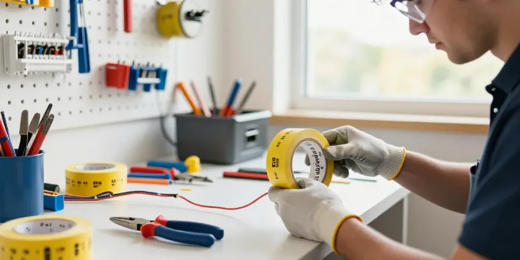 Applying Super33 Daftar electrical tape in a professional workspace with tools and bright lighting.