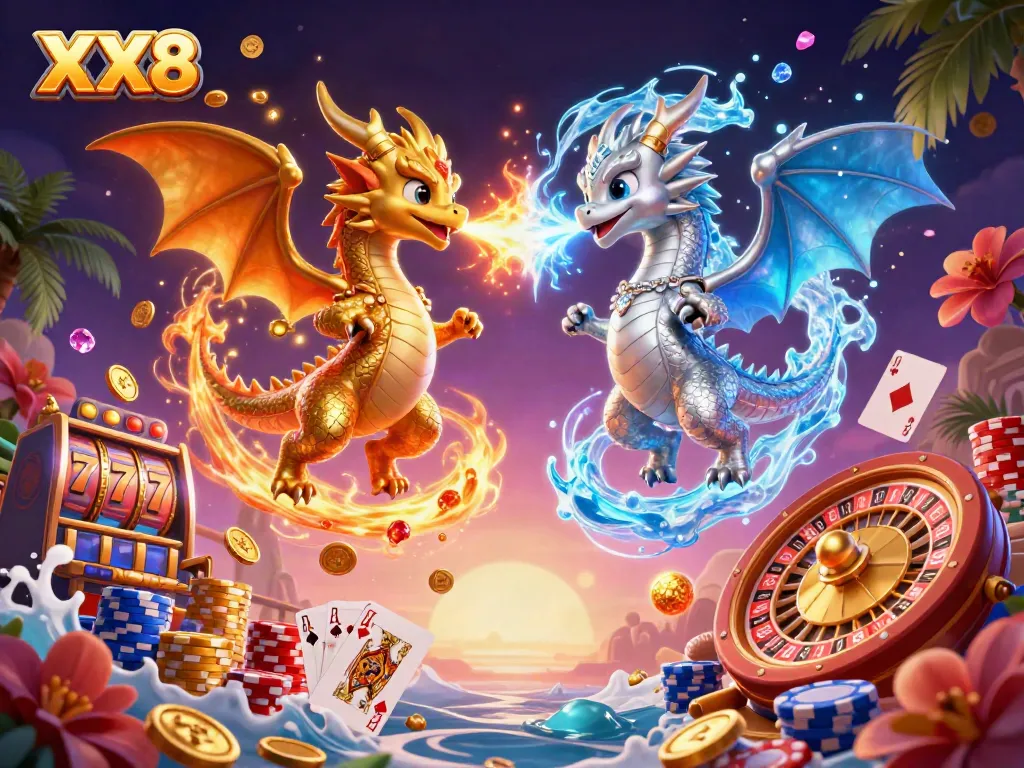 Experience the thrill of winning at XX8 casinos with vibrant dragons, slot reels, and spinning roulette.