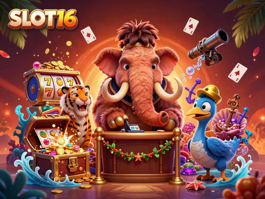 SLOT16 showcases a vibrant casino scene with cartoon characters and dynamic gaming elements.