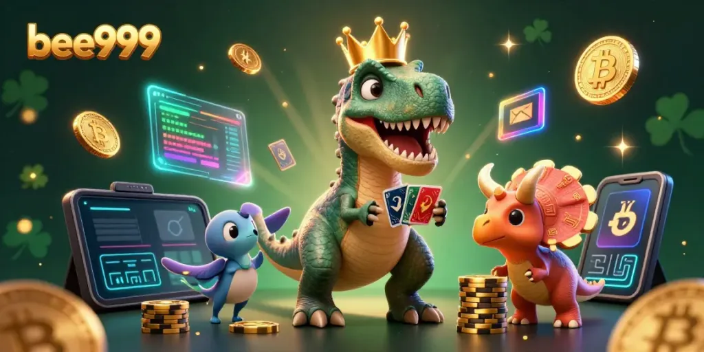 A friendly T-Rex and pterodactyl assist in creating winning strategies with bee999-themed casino elements.
