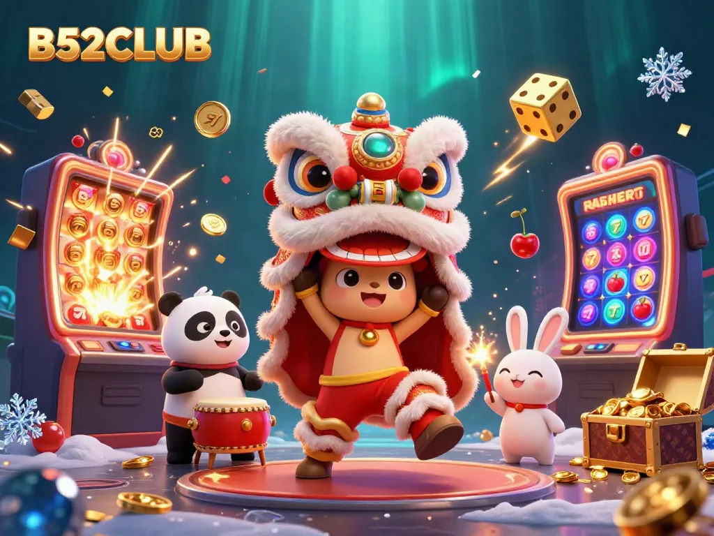 Experience B52CLUB's vibrant casino action with a lively lion dance and fortune elements.