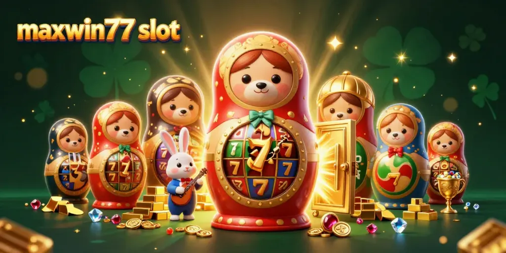 Experience maxwin77 slot excitement with 3D illustrated bears, treasure, and casino elements.