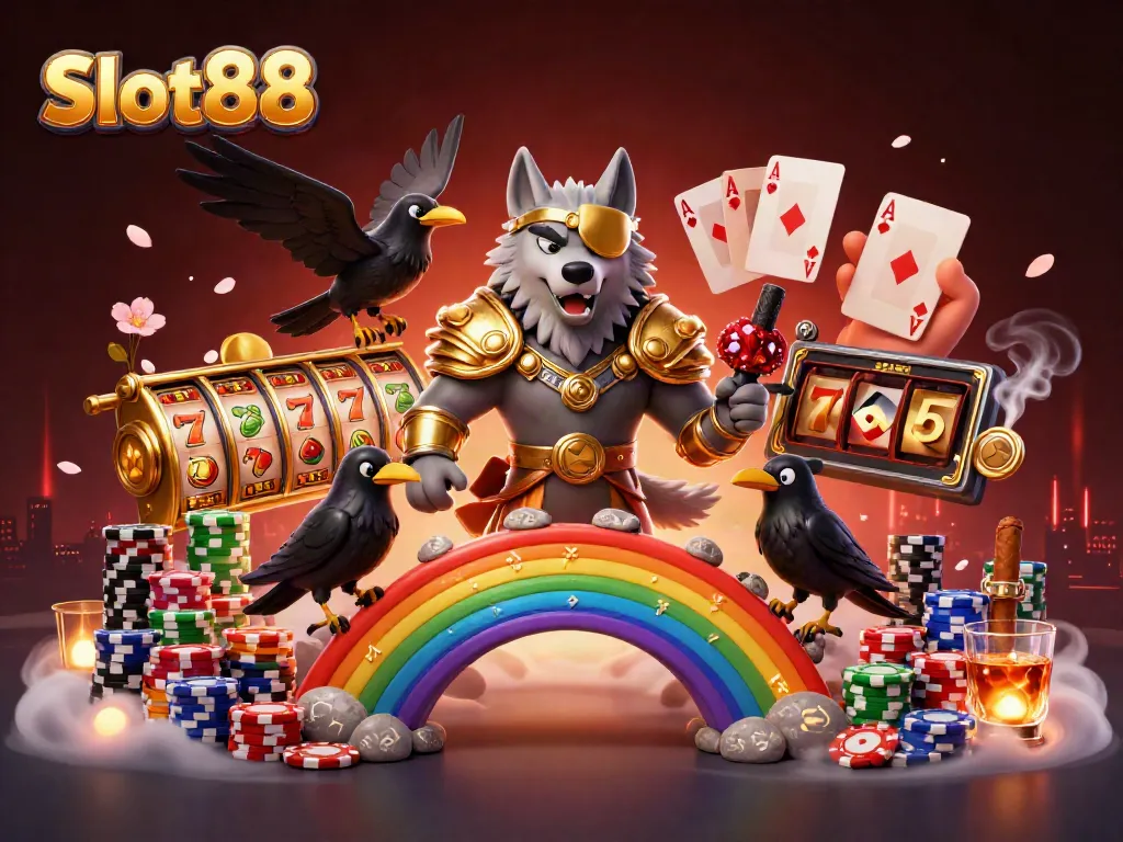 Experience the thrill of Slot88 with Norse mythology-inspired characters amidst vibrant casino elements.