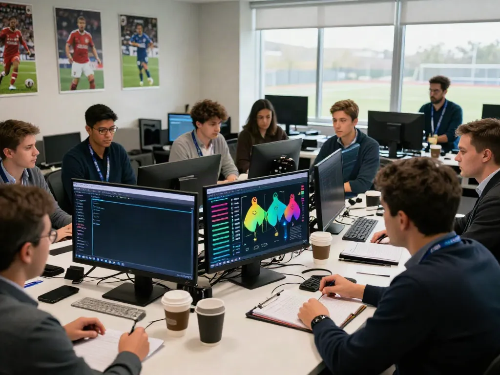 Breaking ข่าวกีฬาฟุตบอล in a lively sports newsroom with reporters and screens.