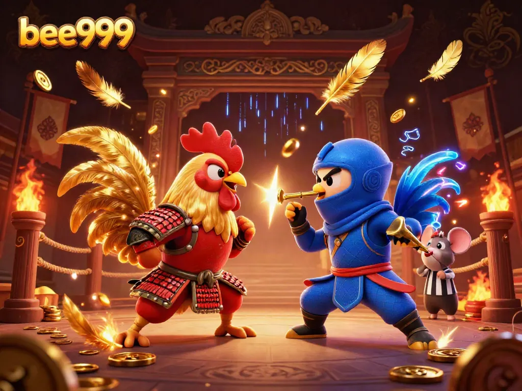 Experience the thrill of online gaming with bee999’s animated rooster standoff in an epic casino battle.
