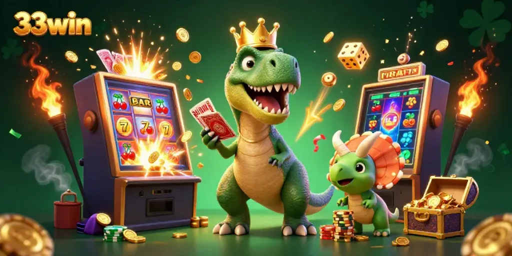 Experience thrilling wins at 33win with a vibrant casino scene featuring dinosaur characters and jackpots.