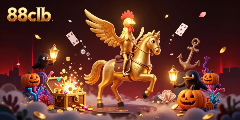 Experience the thrill of 88clb with a golden rooster in a vibrant casino scene.