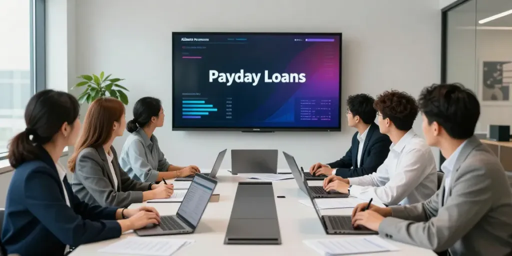 Team collaboration on payday loans strategies at https://alberta.paydayloans-on.ca in a modern office setting.