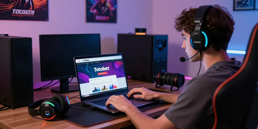 Accessing Totobet login on a laptop in a vibrant gaming room, showcasing digital betting excitement.