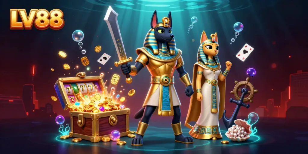Experience the thrill of LV88 with Anubis, Bastet, and vibrant casino elements in a dynamic underwater scene.