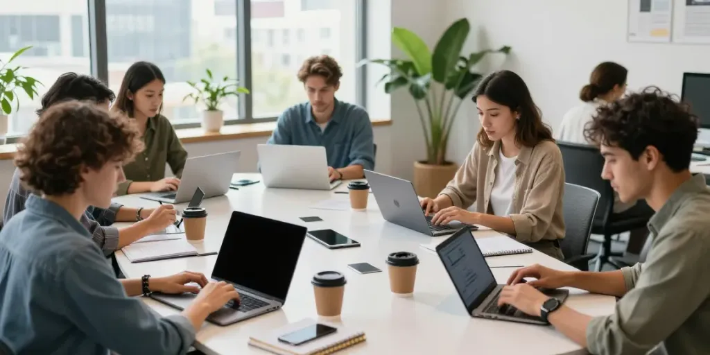 Engaged users exploring 링크사이트 in a modern co-working space.