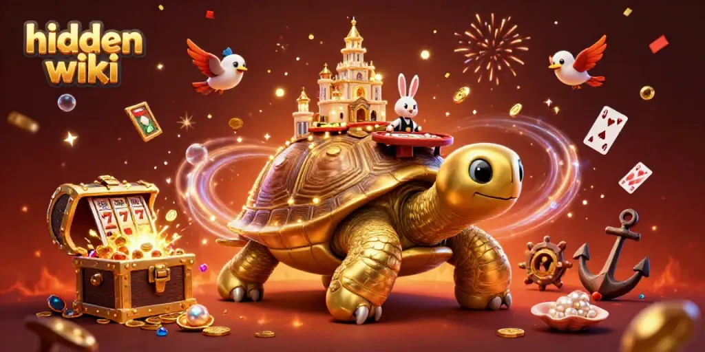 Engage with the hidden wiki's vibrant casino scene showcasing a golden tortoise and celebrating characters.