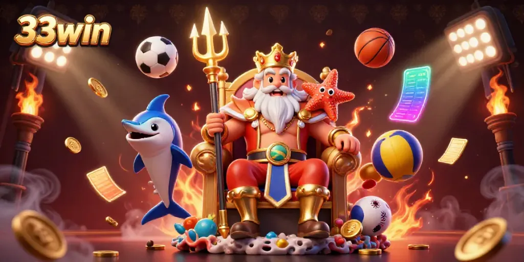 Experience the excitement of 33win with Neptune and sports elements in a captivating online casino illustration.