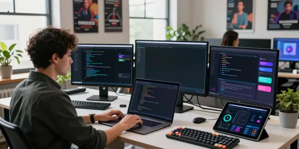 Developer coding and showcasing an unfiltered AI chat platform in a modern tech workspace